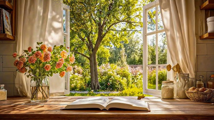 Peaceful morning scene with natural light streaming through a window onto a calm workspace